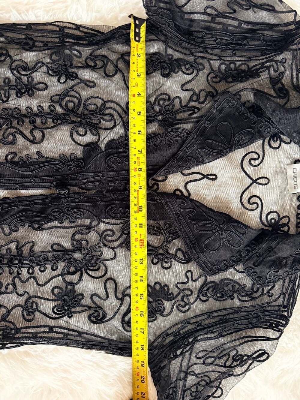 Chico's Black Sheer Mesh Embroidered Floral Open Front Blouse/Jacket - Picture 6 of 6